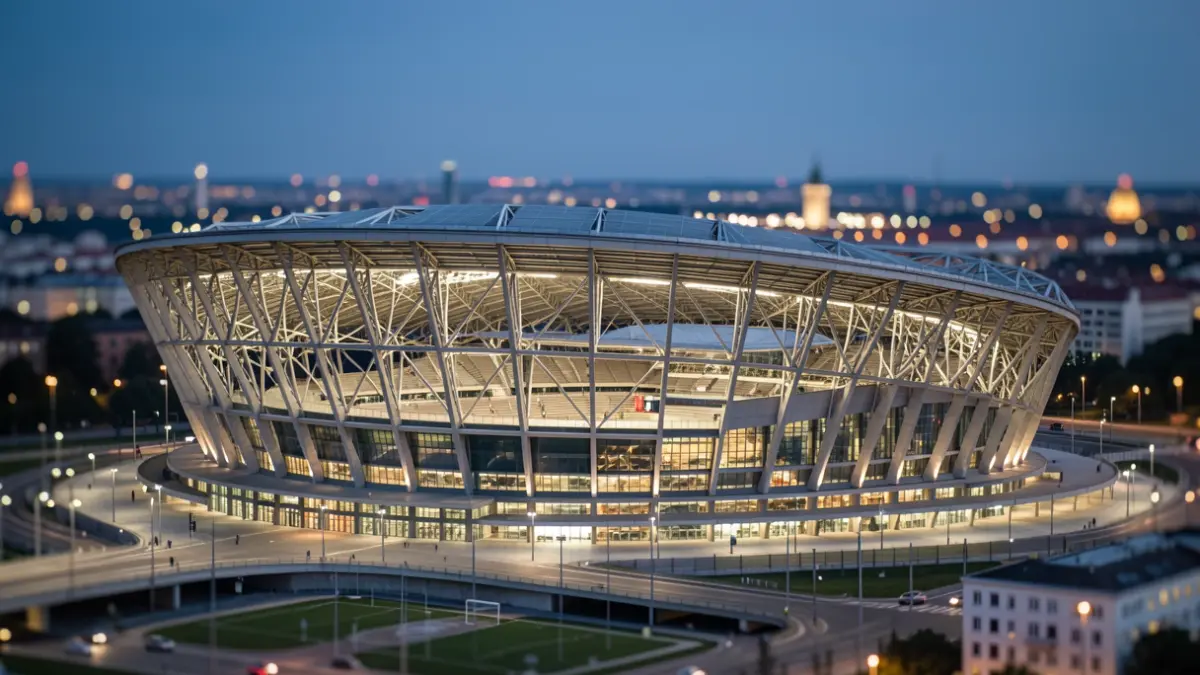Facade of the Santiago Bernabéu stadium illuminated at dusk.