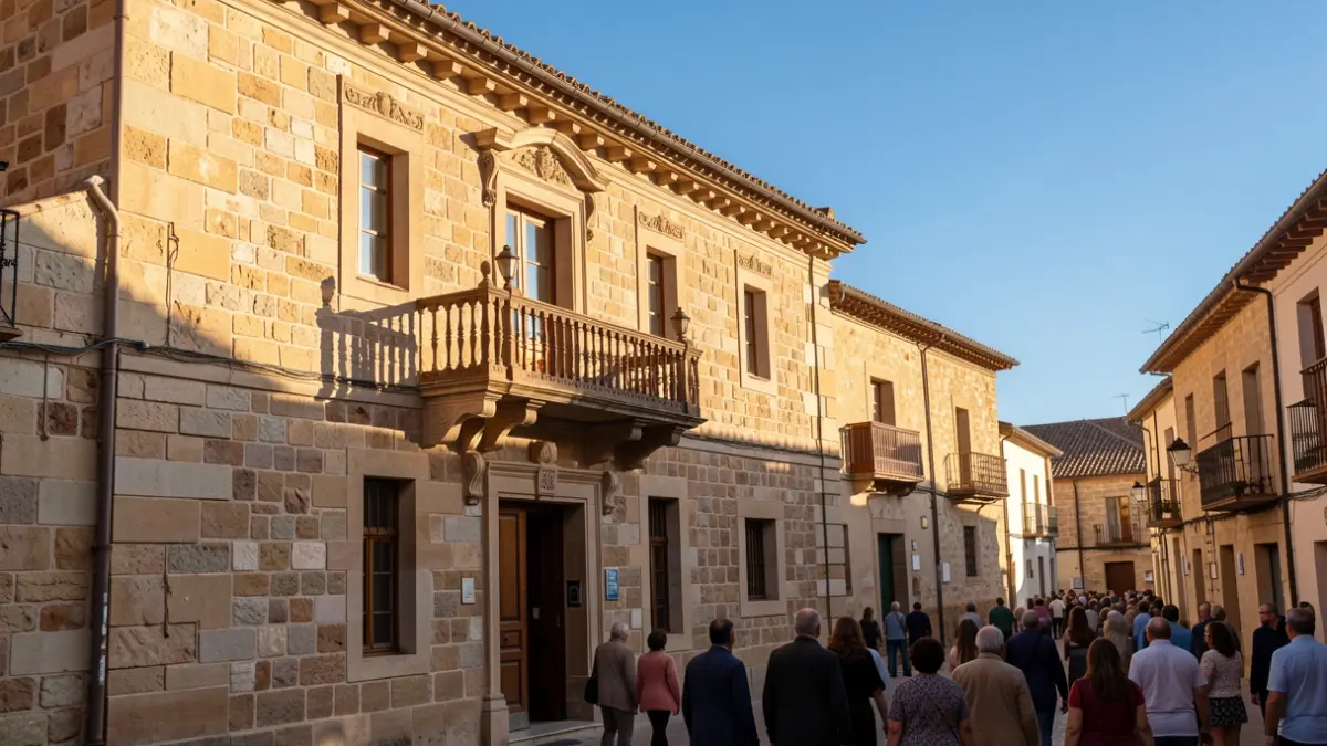 Facade of a traditional stone town hall in a Spanish village, ornate balcony, warm afternoon sunlight, blue sky.
