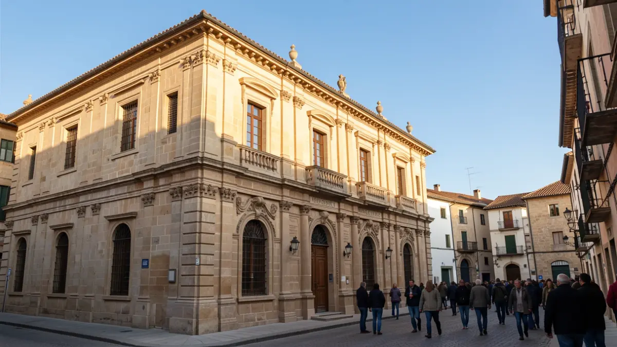 Facade of a stone music conservatory with ornate architectural details, warm afternoon light.
