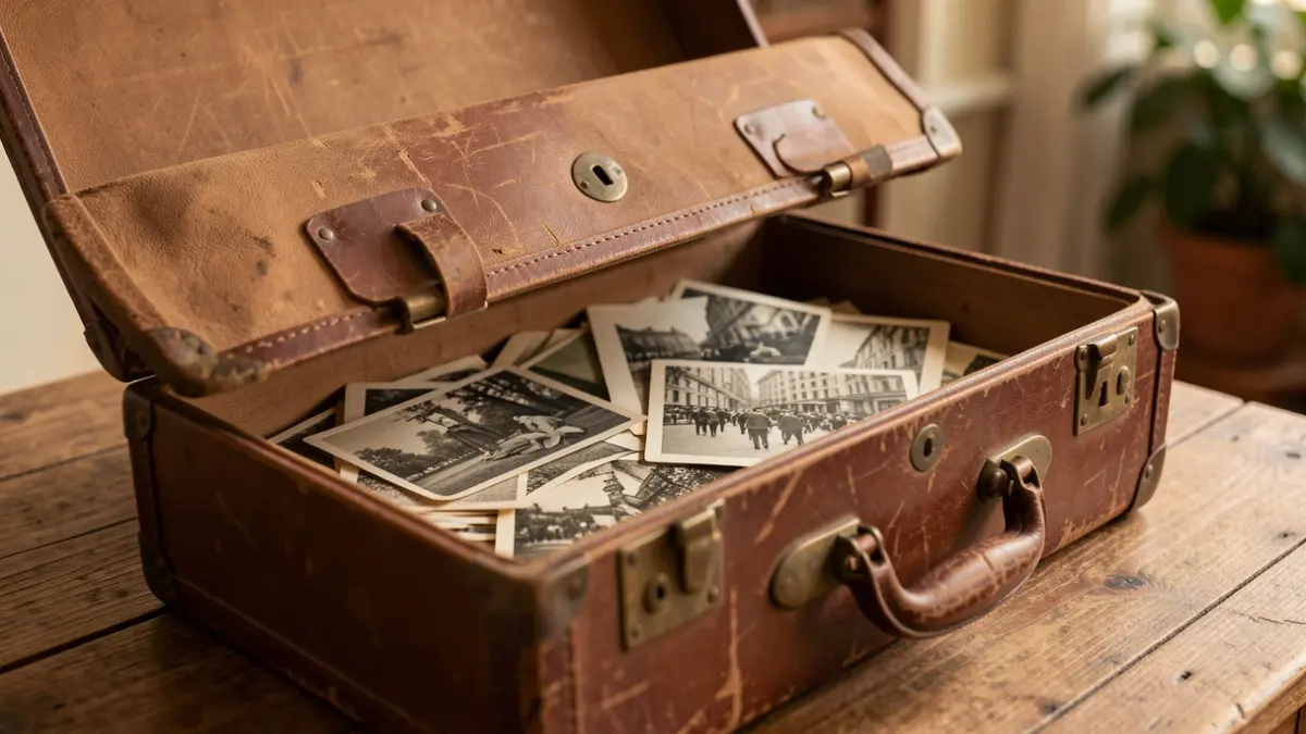 Old leather suitcase open with vintage photographs inside.