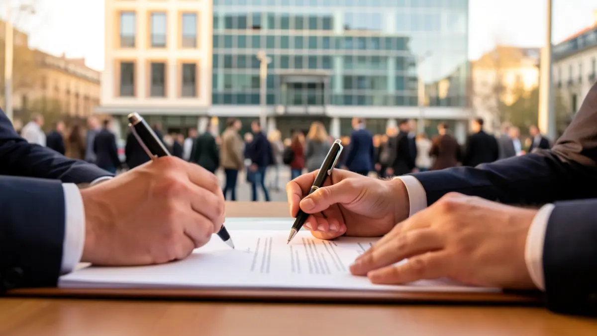 Generic image of hands signing a document in an office.