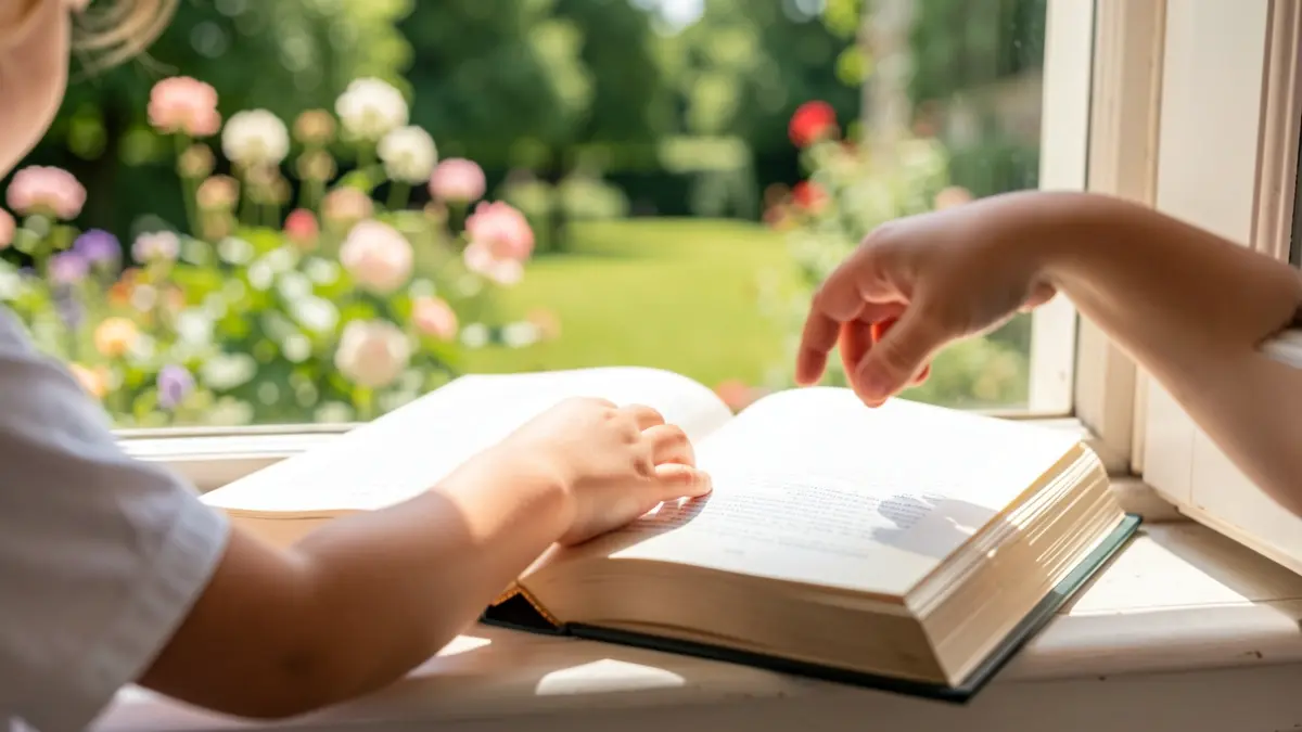 Child reading a book during summer.