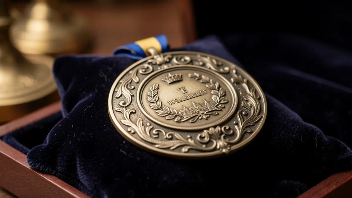 Close-up of a formal award medal on a dark velvet cushion.
