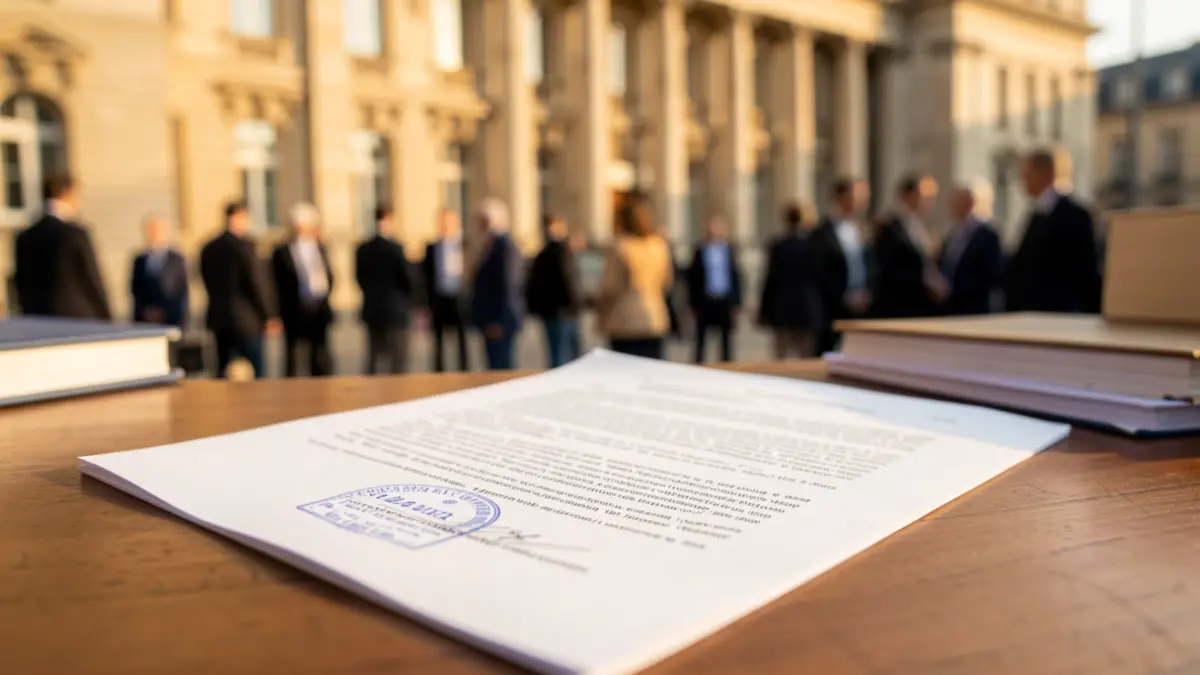 Legal document on a wooden desk with a blurred government building in the background.