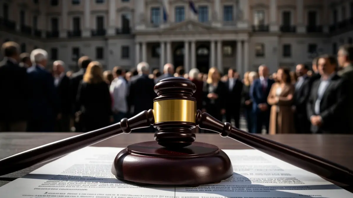 Generic image of a judge's gavel on legal documents with the Palacio de Justicia in Madrid in the background.