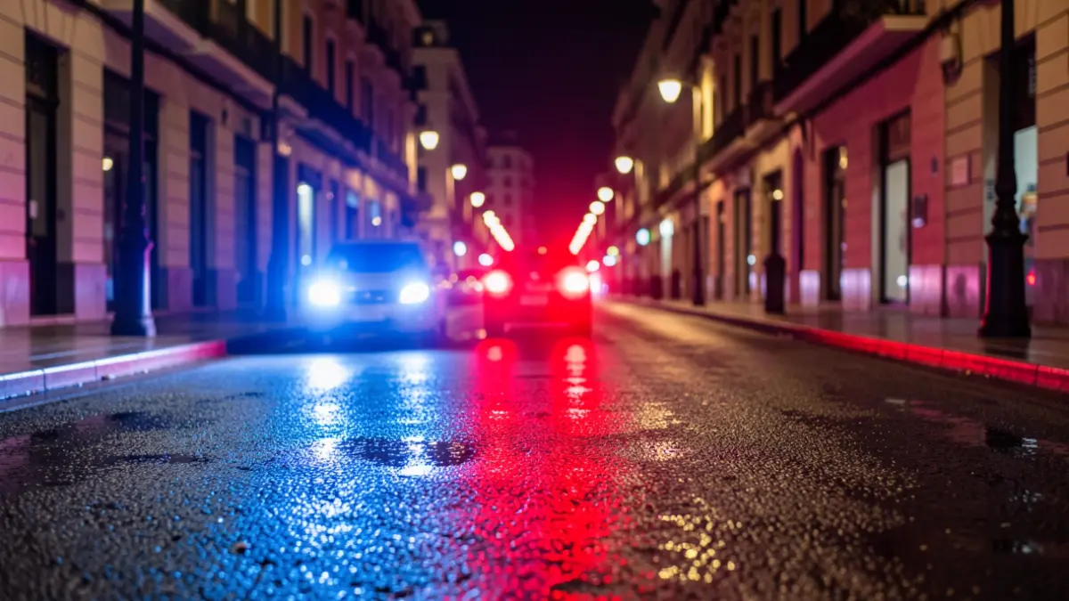 Imagen genérica de luces de emergencia policiales reflejándose en el asfalto mojado.