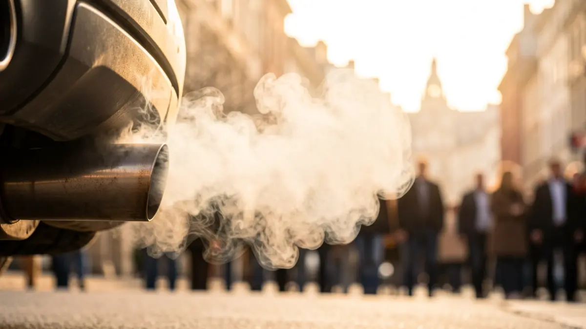 Imagen genérica de un tubo de escape emitiendo humo en una ciudad.
