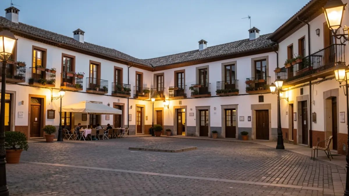 Generic image of a Spanish town square at dusk.