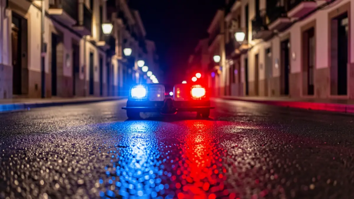 Generic image of police emergency lights reflecting on wet asphalt at night.