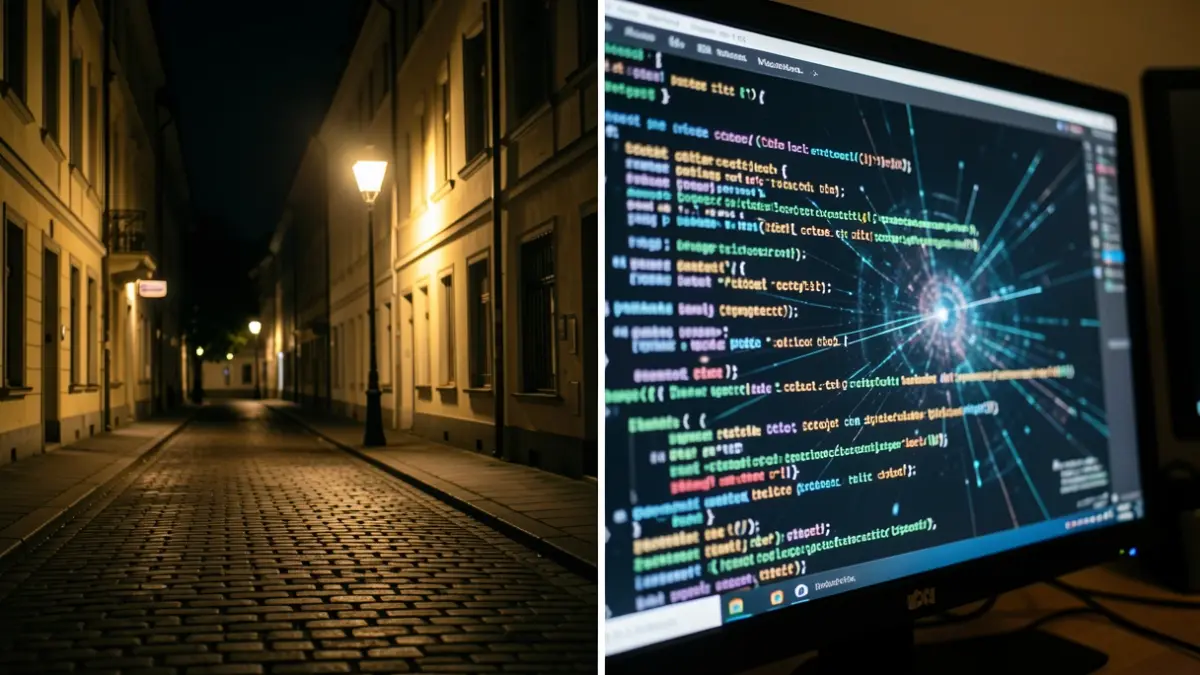 Split image showing a night street and a computer screen with digital patterns.