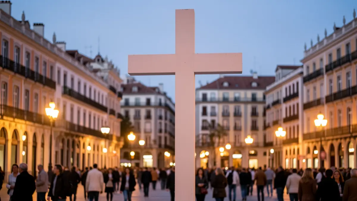 Generic image of a large white cross installed in a Madrid square at dusk.