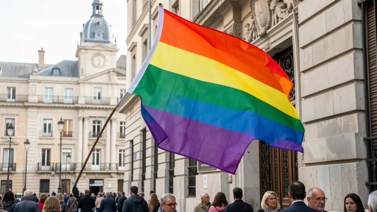Rainbow flag waving on the facade of an institutional building in Madrid.
