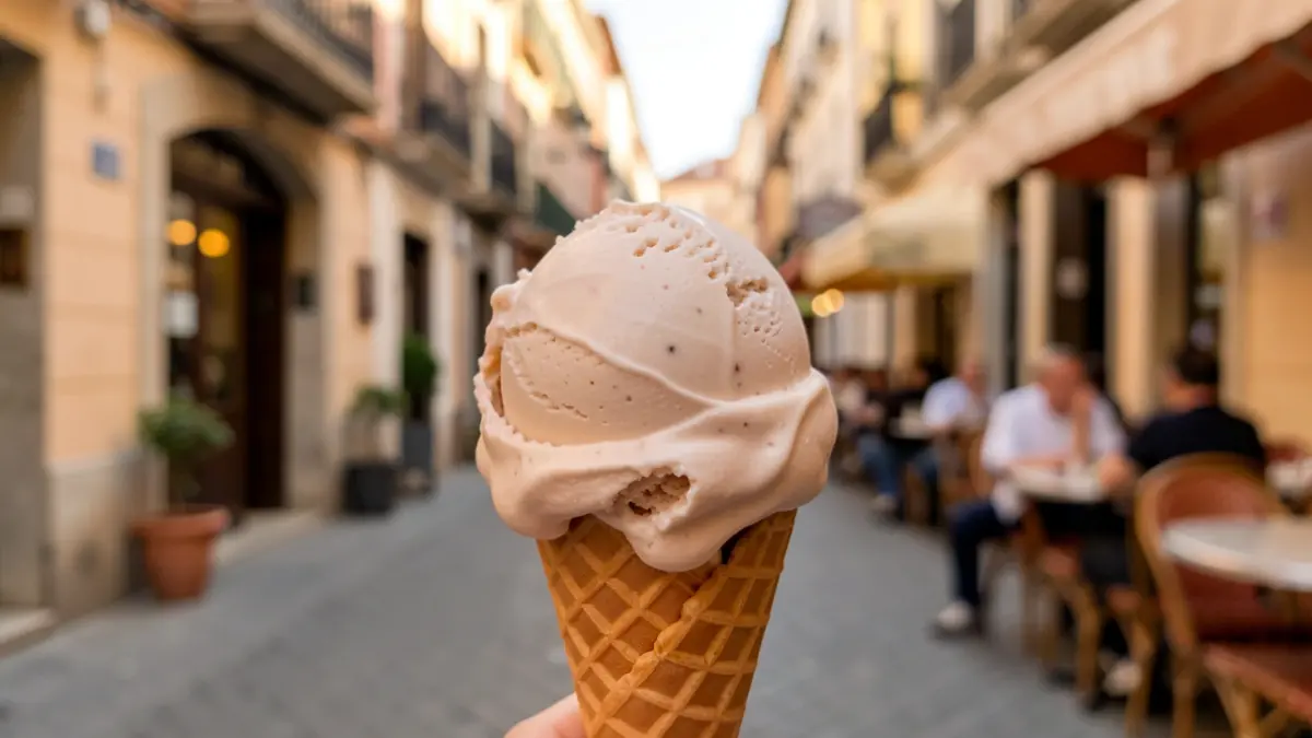 Primer plano de un helado artesanal italiano en un cono, con una calle de Madrid desenfocada al fondo.