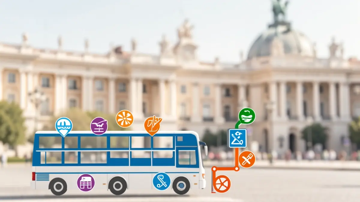 EMT bus route map with summer vacation icons and emblematic Madrid buildings.