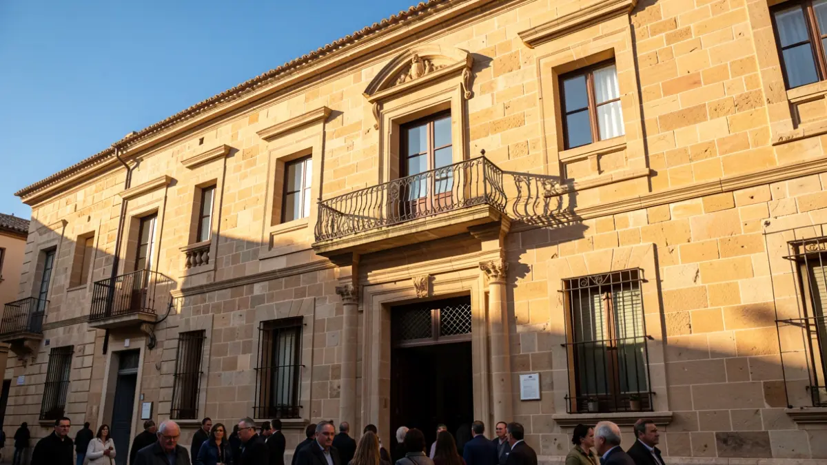 Fachada del Ayuntamiento de Alcalá de Henares con balcón y barandillas de hierro, luz de sol de la tarde.