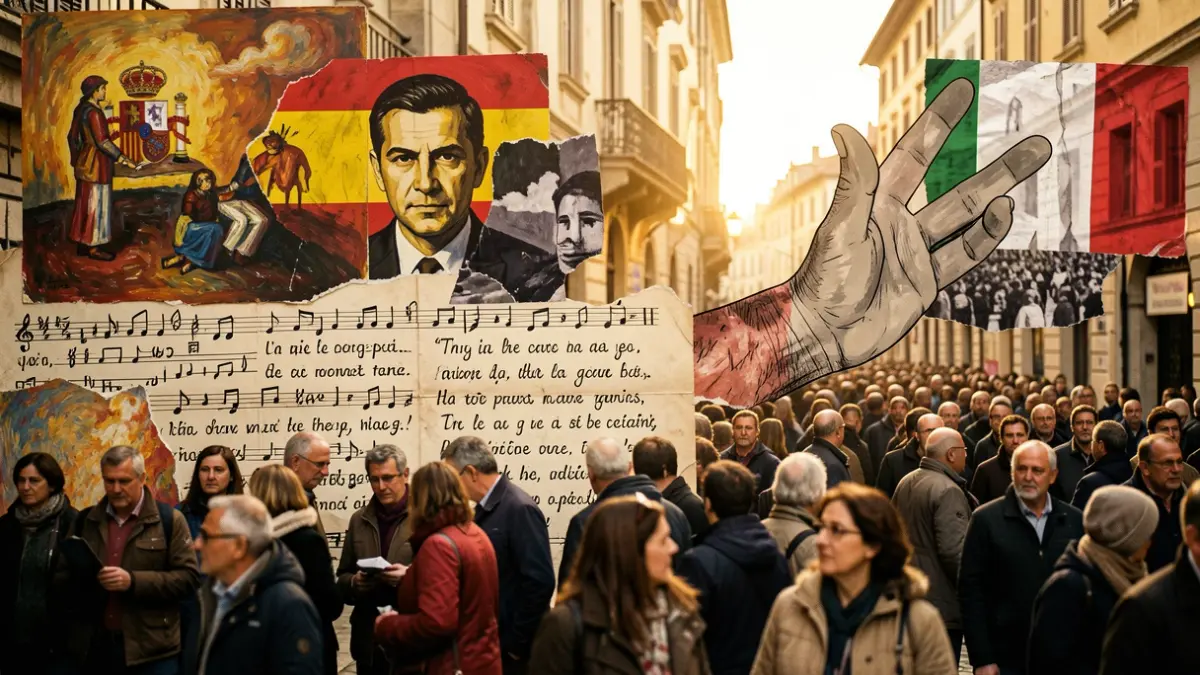 Image representing the exhibition 'Amnistía: Que trata de España' with artistic and solidarity elements.