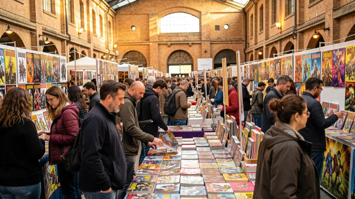Imagen de la Feria del Cómic de Madrid en Matadero, mostrando puestos de cómics y asistentes.
