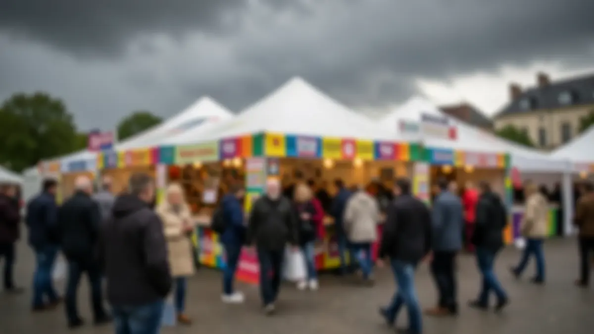 Generic image of a book fair stall under a threatening grey sky.
