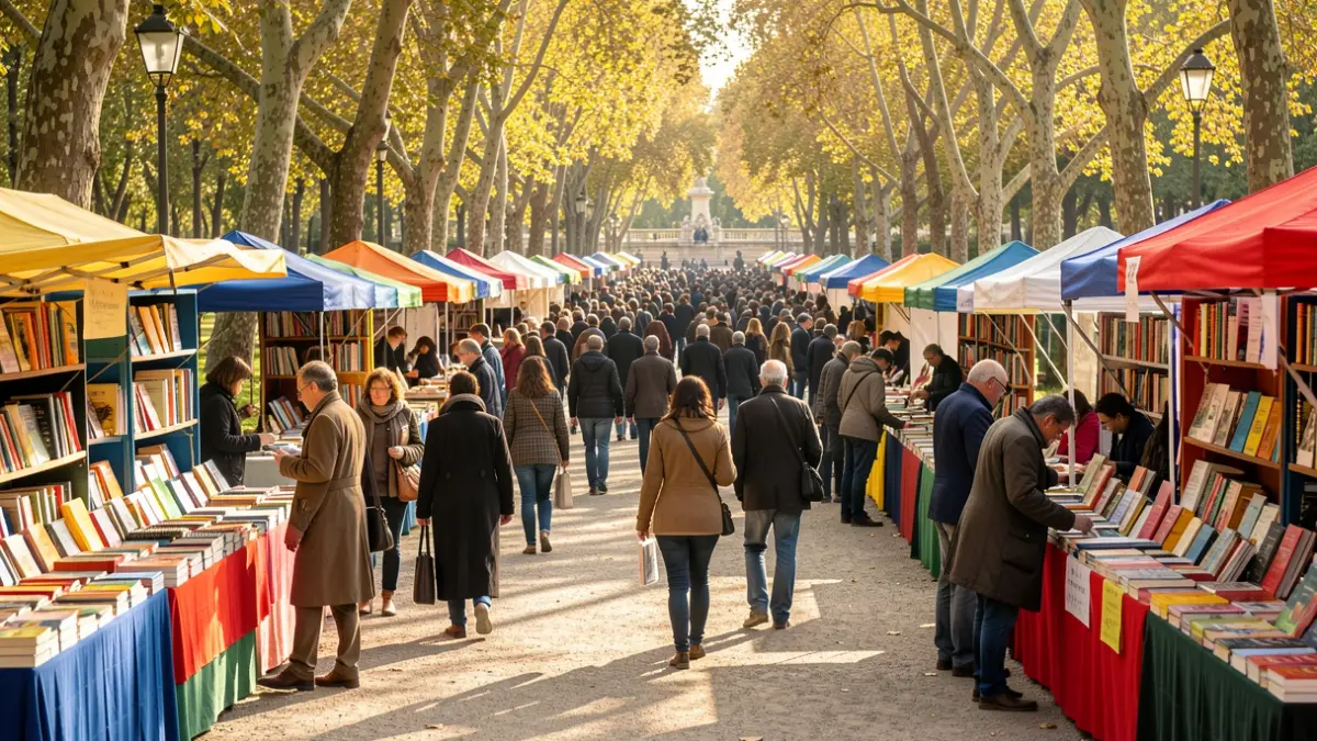 Image of the Madrid Book Fair with book stalls and visitors.