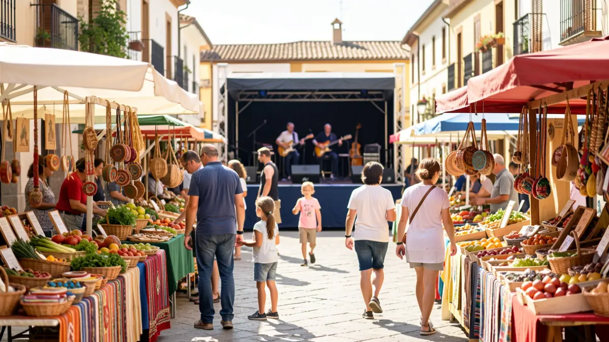 Imagen genérica de una feria al aire libre con puestos de artesanía, productos locales y escenario.