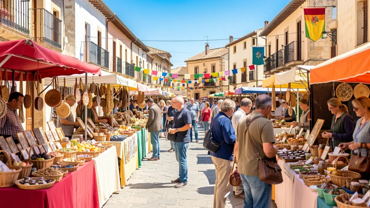 Imagen genérica de una feria al aire libre en un pueblo español con puestos de artesanía y gastronomía local.