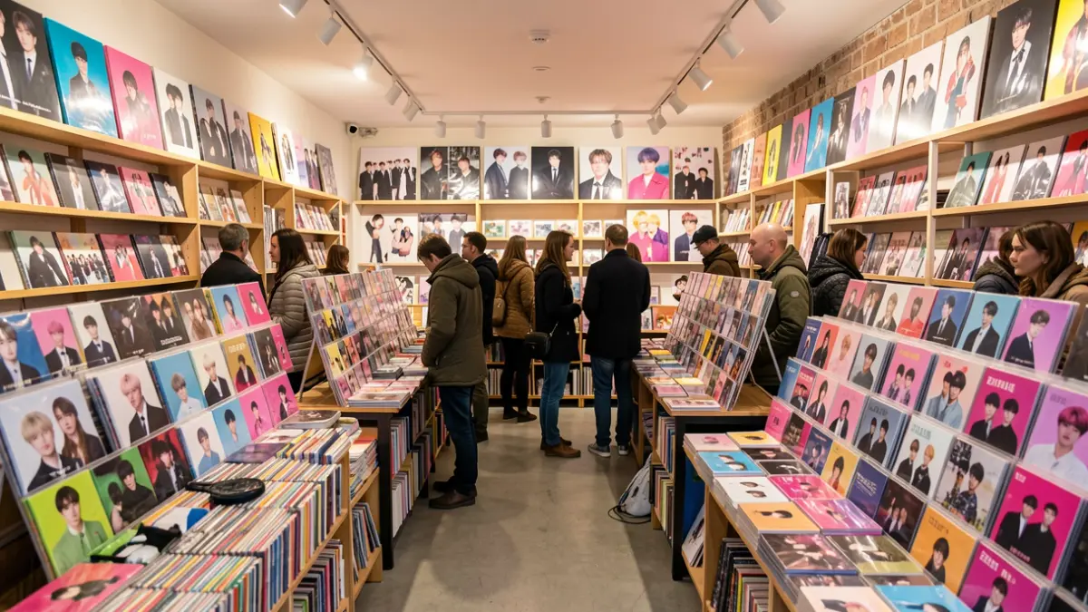 Interior of a temporary BTS merchandise store in Madrid, featuring exclusive items and an exhibition.