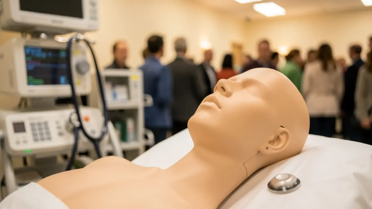 Imagen genérica de un maniquí de simulación médica con equipo sanitario desenfocado.