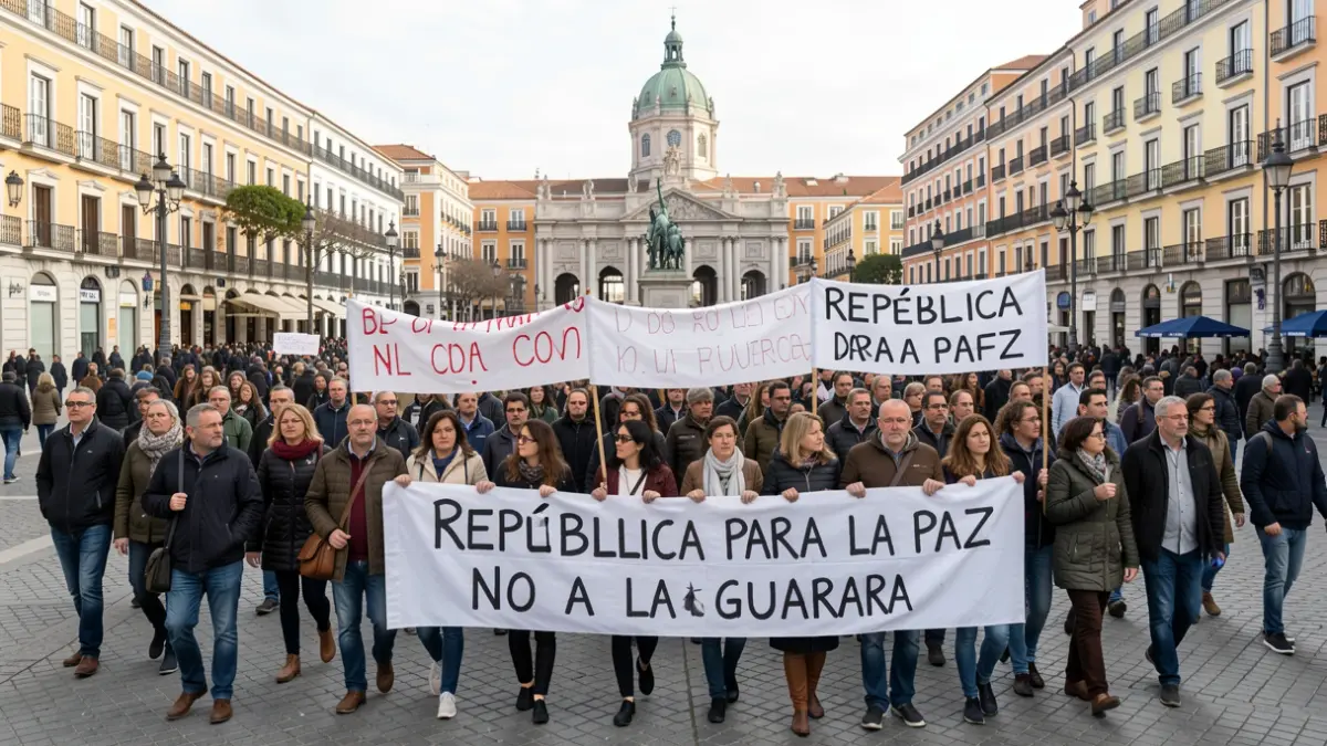 Image of a republican demonstration in Madrid with banners for peace.
