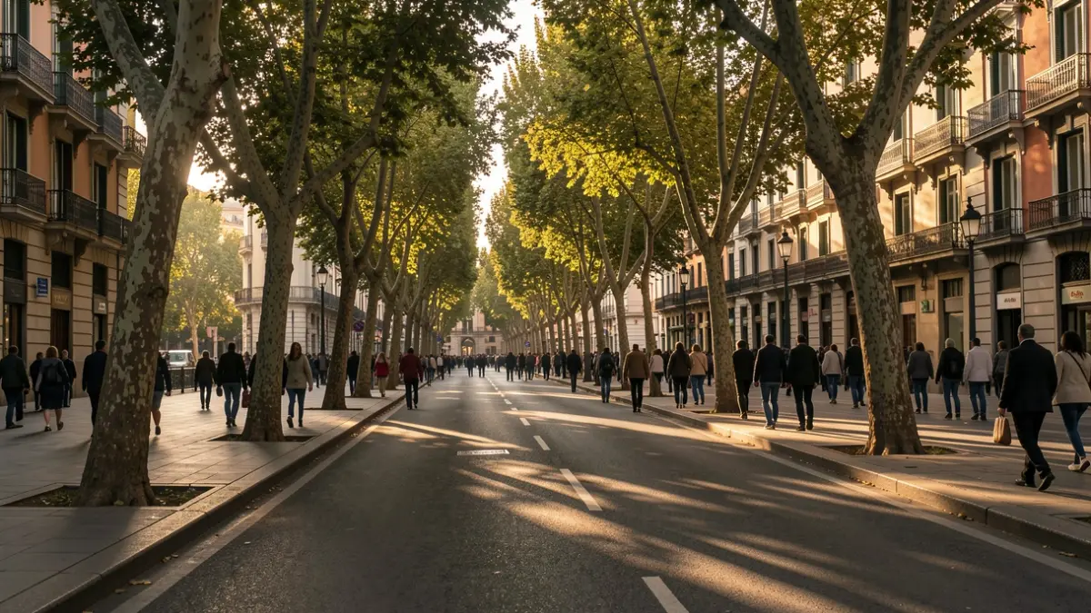 Shaded, tree-lined street in Madrid with urban architecture.