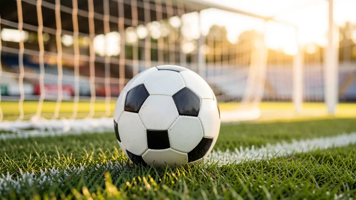 Generic image of a soccer ball on grass with a blurred goal net in the background.