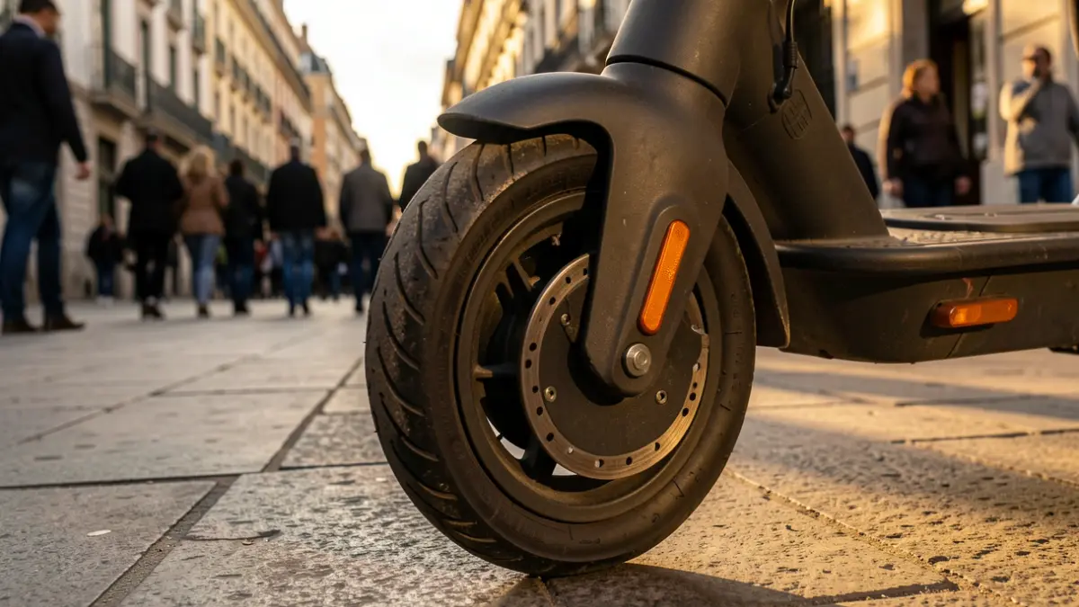 Primer plano de la rueda de un patinete eléctrico aparcado en una acera de Madrid, con la luz cálida del atardecer.