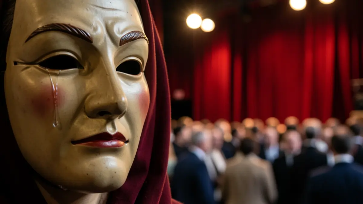 Primer plano de una máscara de teatro con una lágrima cayendo, sobre un fondo de cortinas de escenario y focos cálidos.