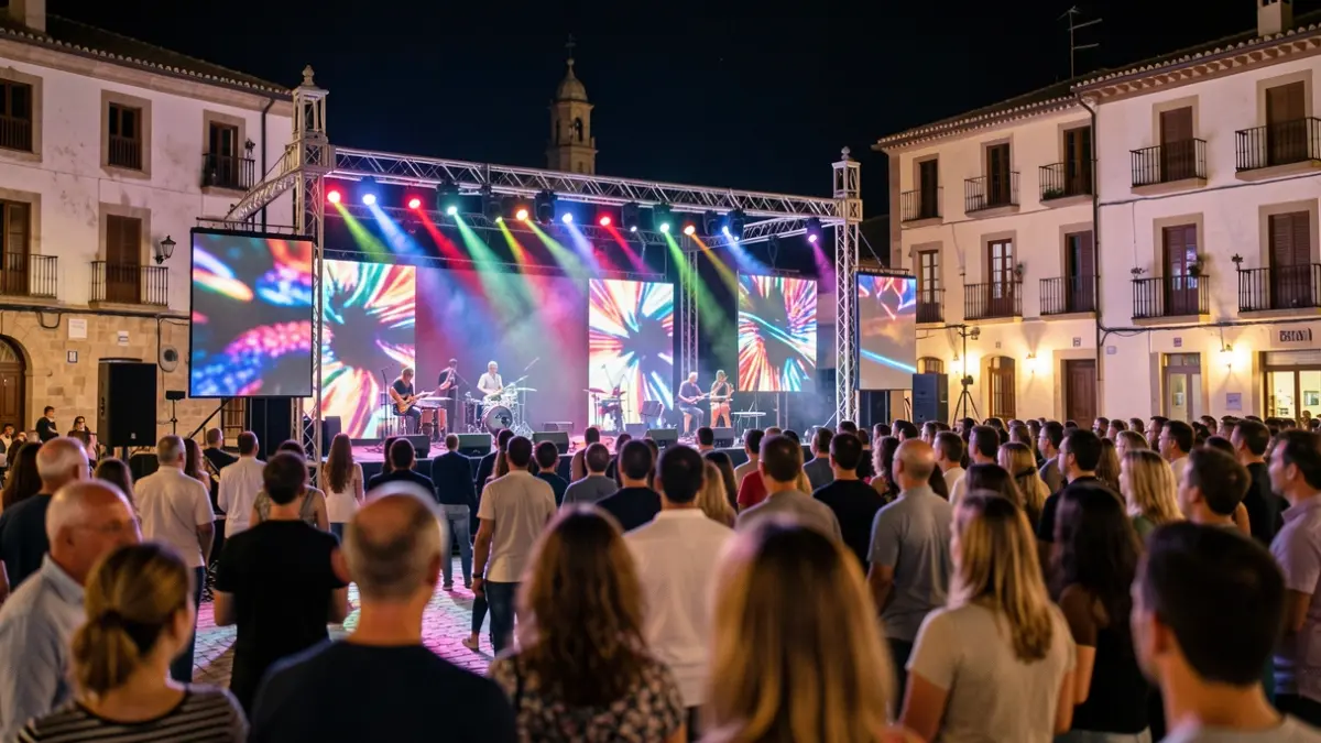 Generic image of an outdoor orchestra stage at night, with lights and LED screens.