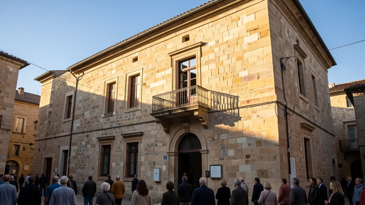 Fachada de un ayuntamiento tradicional de piedra con balcón y barandillas de hierro, bajo la luz del sol de la tarde.
