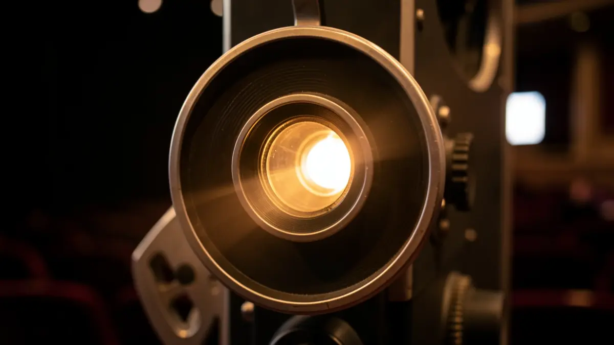 Primer plano de la lente de un proyector de cine antiguo con luz cálida emanando de él.