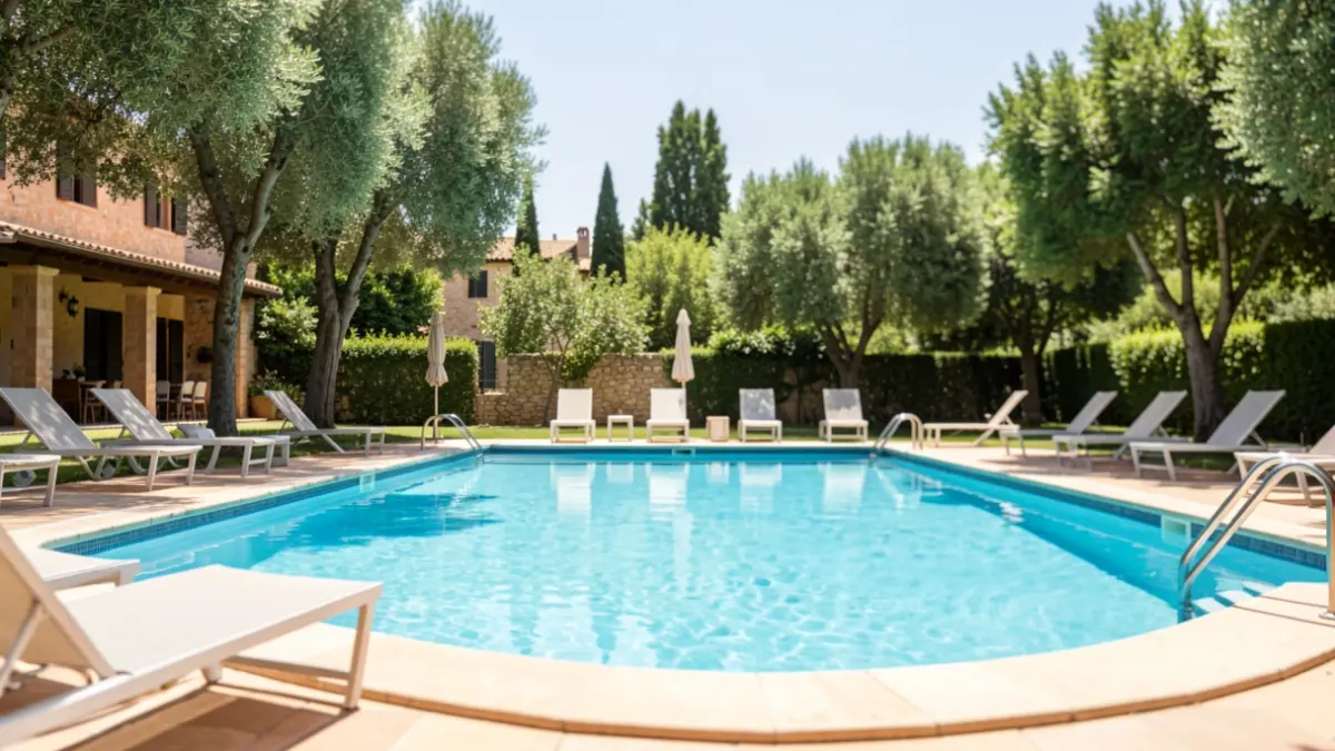 Generic image of an outdoor municipal swimming pool on a sunny day.