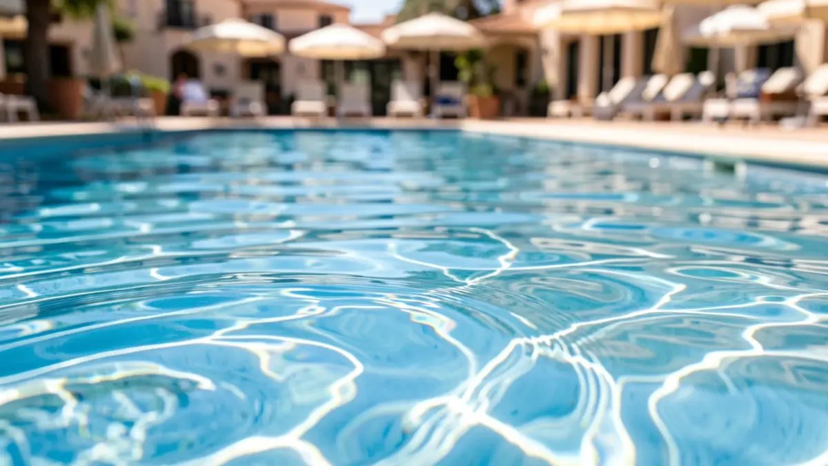 Generic image of an outdoor municipal swimming pool with crystal clear water under the sun.