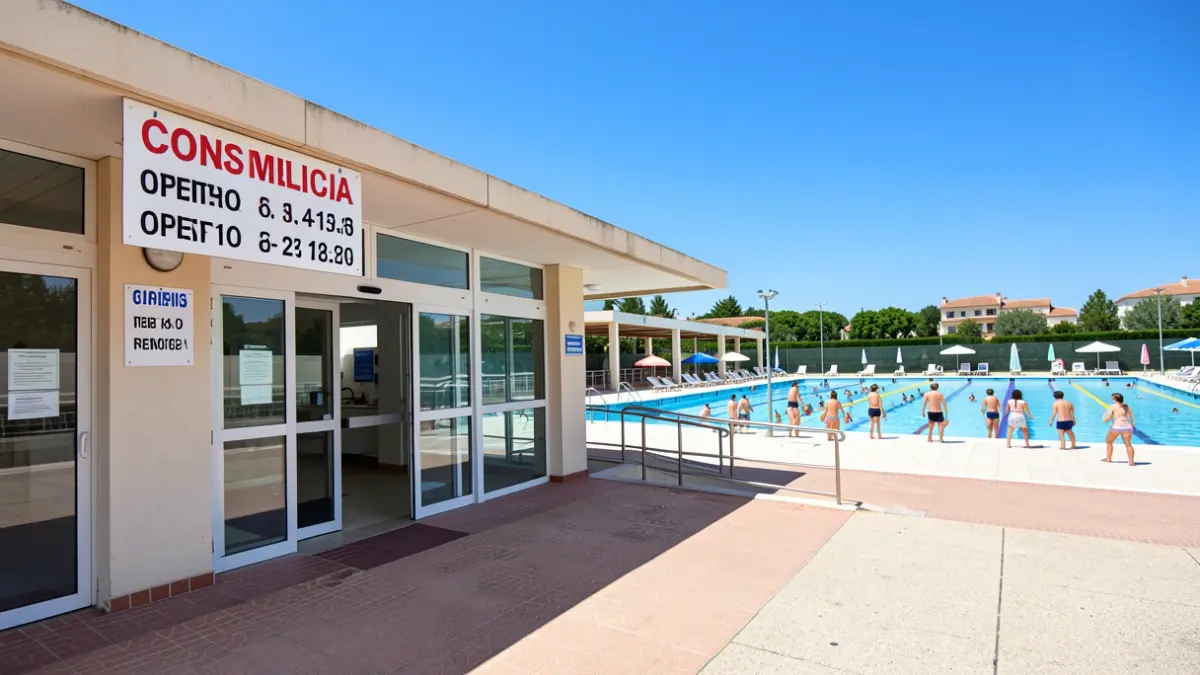 Generic image of the entrance to a municipal summer swimming pool.