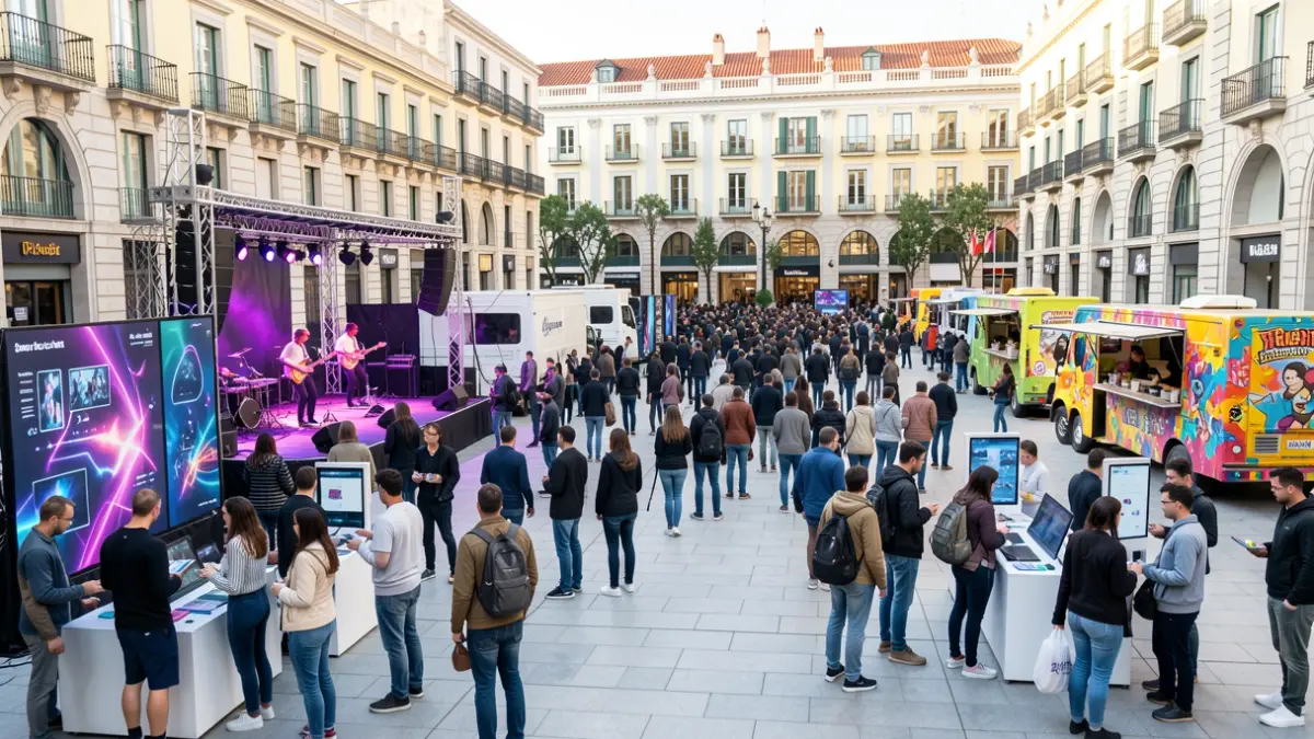 Generic image of a modern plaza in Madrid with leisure and consumption activities for young people.