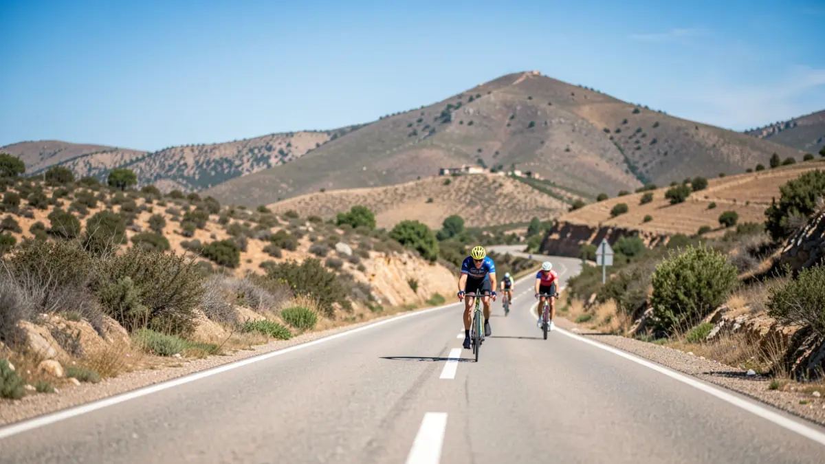 Cyclists on a scenic mountain road in the Sierra Norte of Madrid.