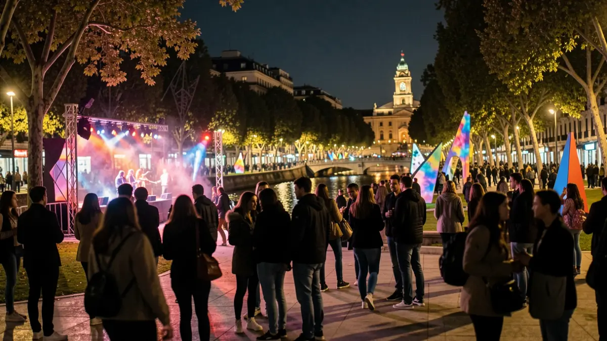 Generic image of a young art festival at night in Madrid Río, with lights and silhouettes.
