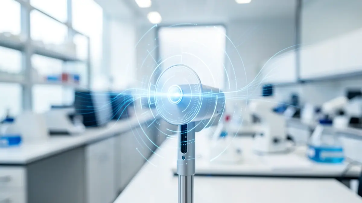 Futuristic antenna emitting waves with abstract digital patterns in a laboratory.