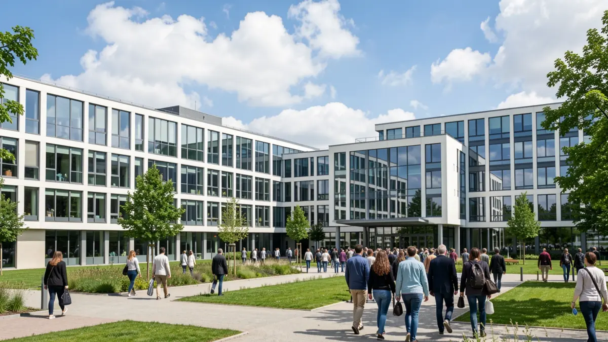 Imagen genérica de un campus universitario moderno con edificios de líneas limpias y espacios verdes.