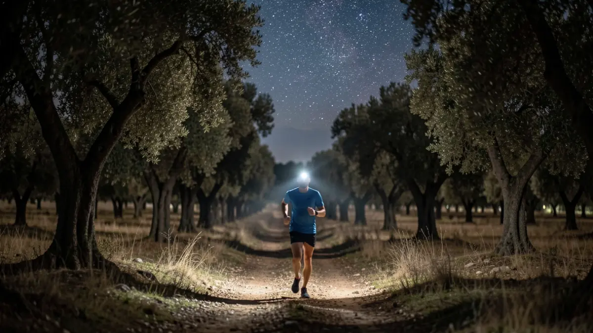 Generic image of a night trail running path in a forest illuminated by headlamps.