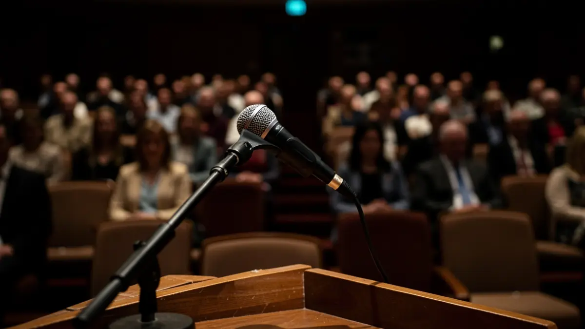 Generic image of a microphone on an empty podium in an auditorium.