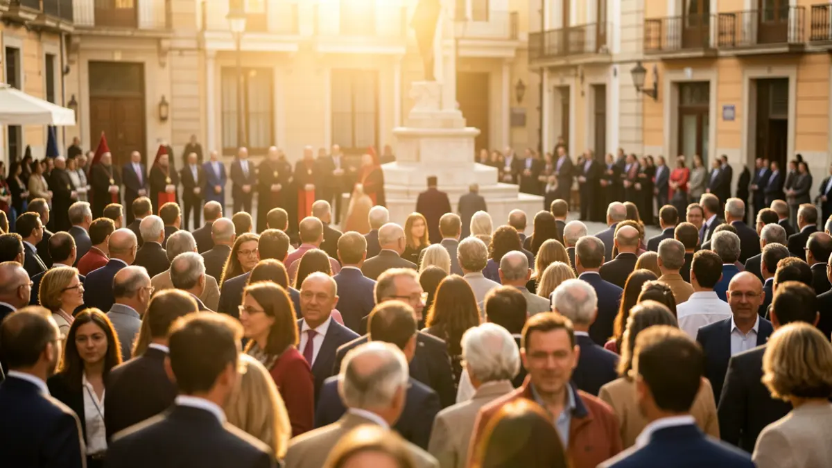 Generic image of a crowd in a Madrid plaza during a public event with political and religious figures.