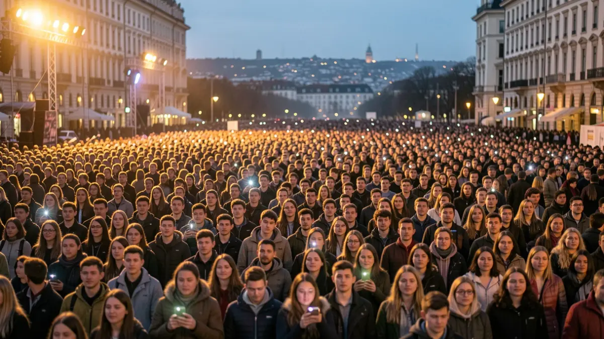 Generic image of a crowd of young people gathered in an urban square at dusk.