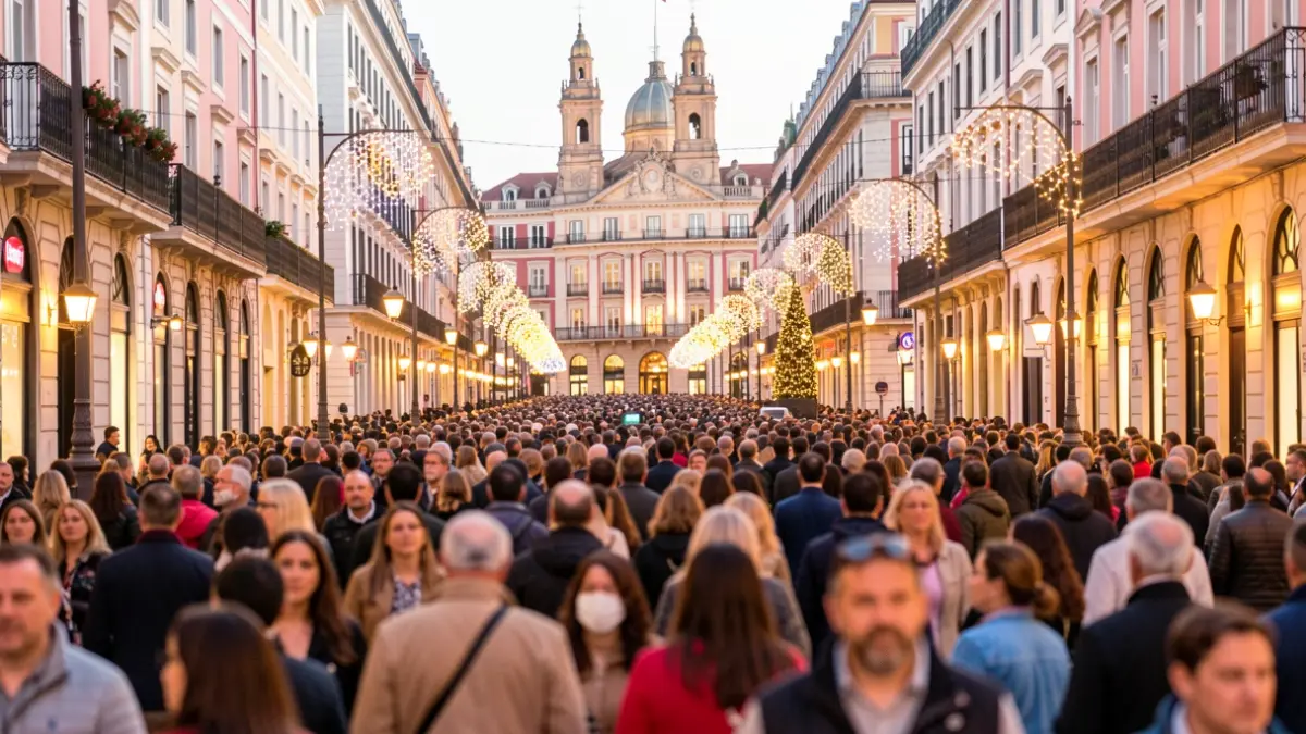 Generic image of a celebration on a Madrid street with iconic architecture and people.
