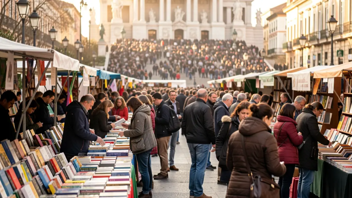 Imagen de la Feria del Libro de Madrid con gran afluencia de público y referencias a la visita papal.