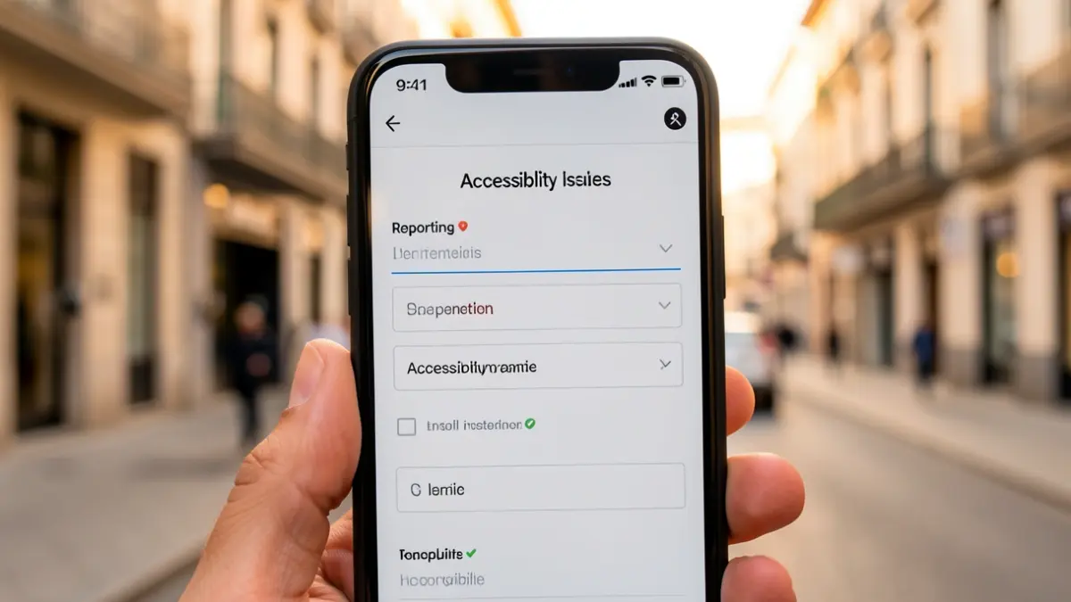 Image of a smartphone displaying a digital platform for reporting accessibility barriers.